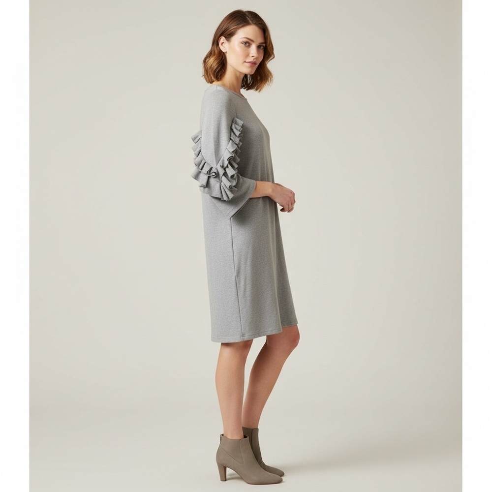 Melloday Gray Soft Jersey Knit Ruffle Sleeve Dress M